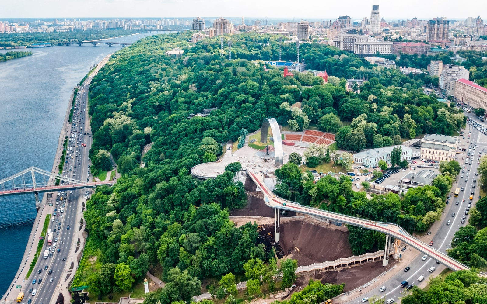Pedestrian Glass Bridge and Kyiv hills overview | Kyiv city center